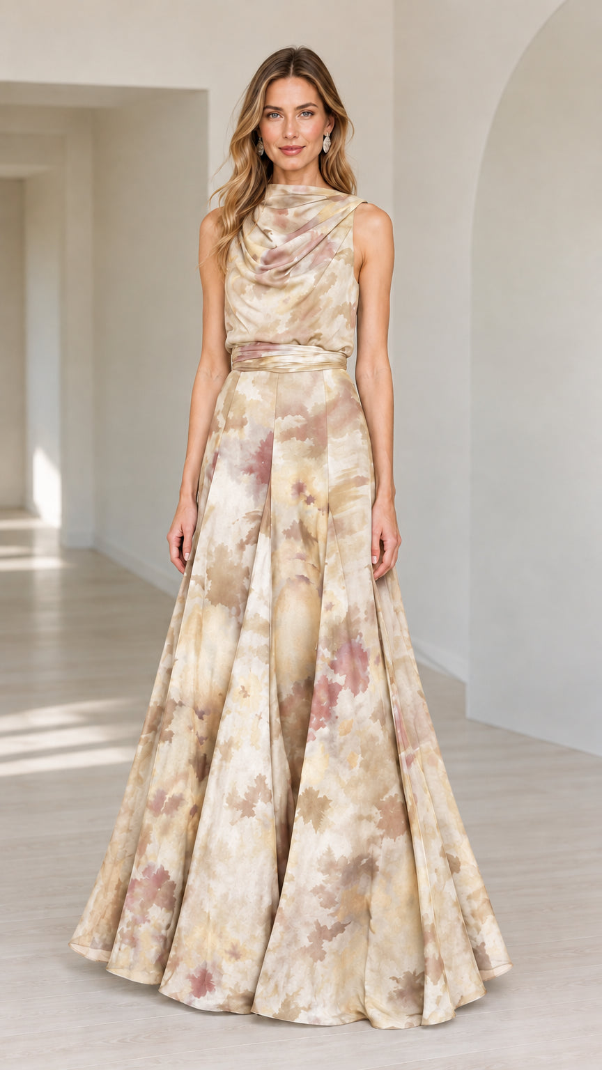 Front view of woman wearing champagne beige abstract print cowl neck formal maxi dress