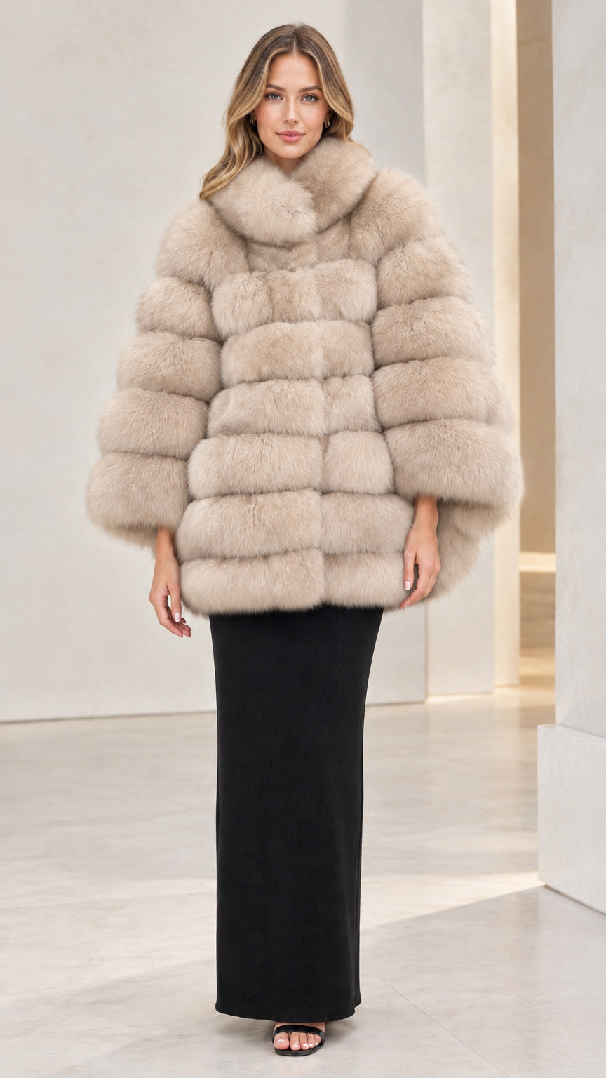 Full front view of beige champagne tiered stand collar faux fur cape coat
