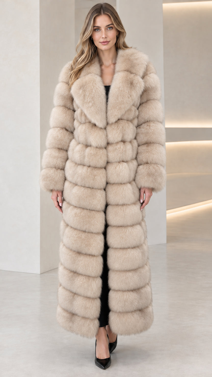Full-length beige cream paneled faux fur maxi coat front view