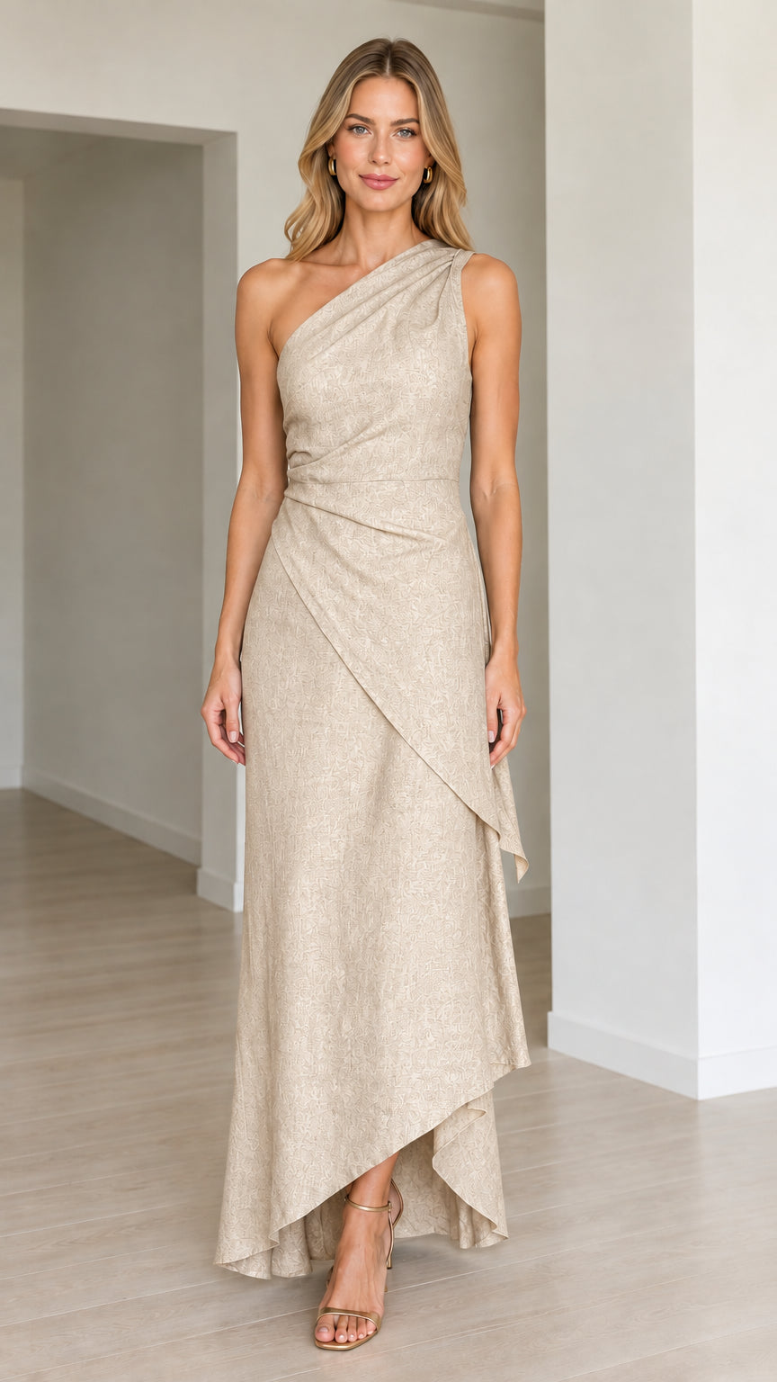 Full-length front view of the one-shoulder draped maxi dress in neutral Champagne