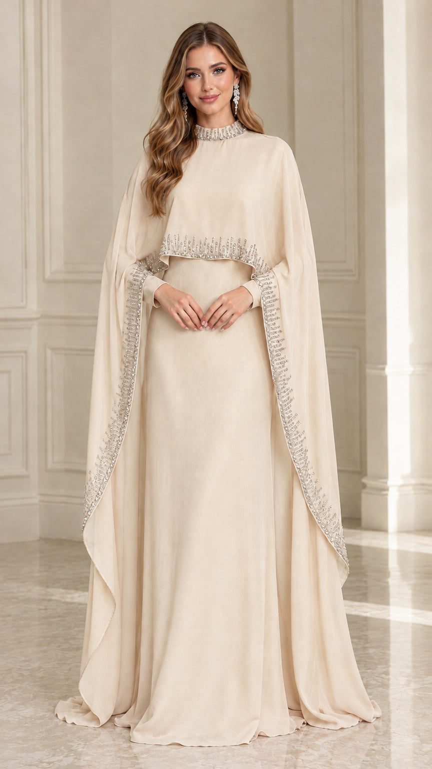 Front view of Champagne ivory beaded high neck cape evening maxi dress