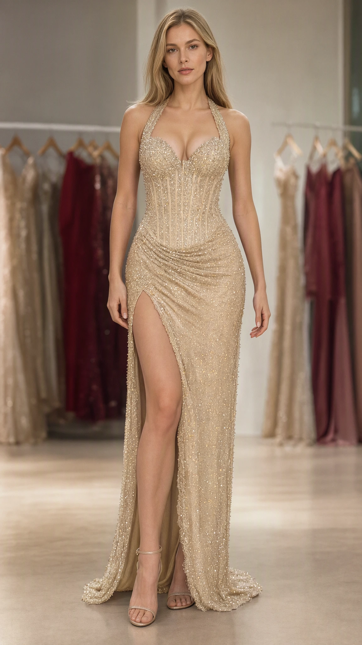 Model wearing Champagne Gold sparkling halter corset formal gown