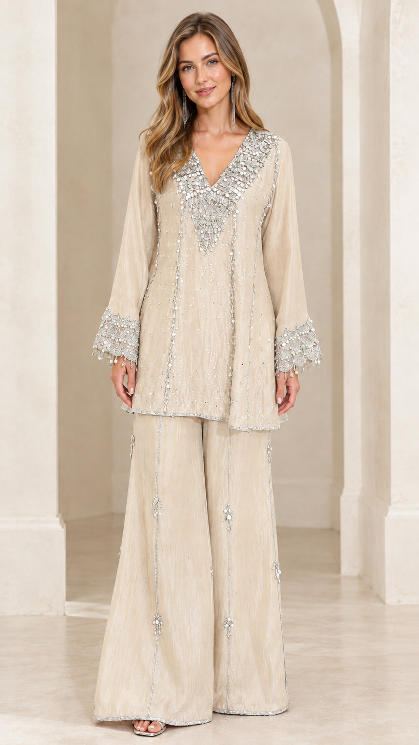 Front view of champagne beige sequin embroidered tunic top and palazzo set