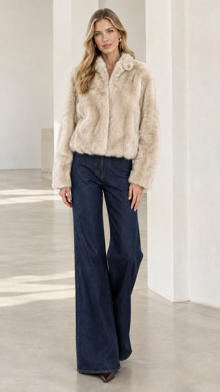 Model wearing cream cropped faux fur jacket with wide-leg denim