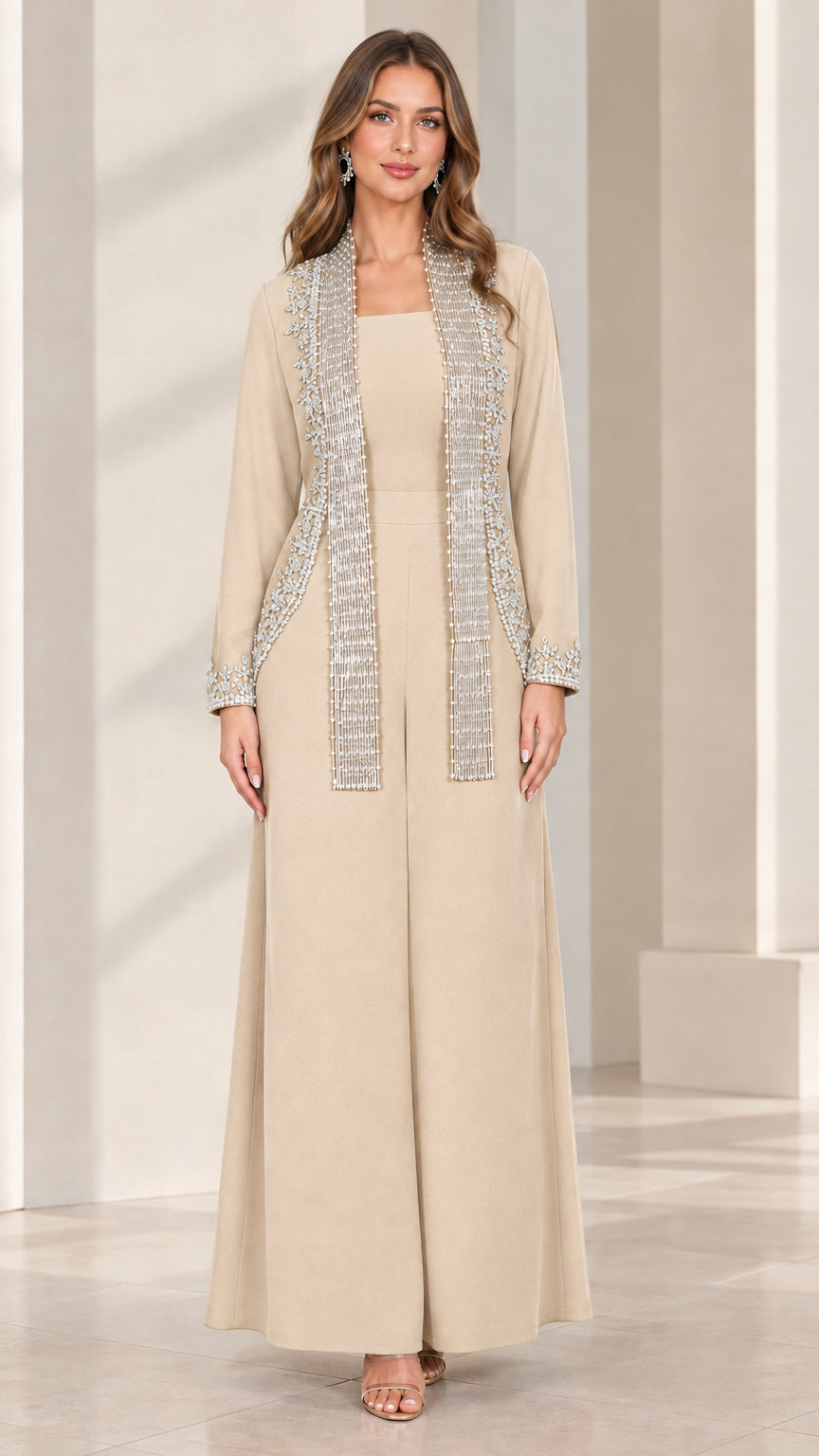 Champagne beige formal two-piece jumpsuit and jacket set for special occasions