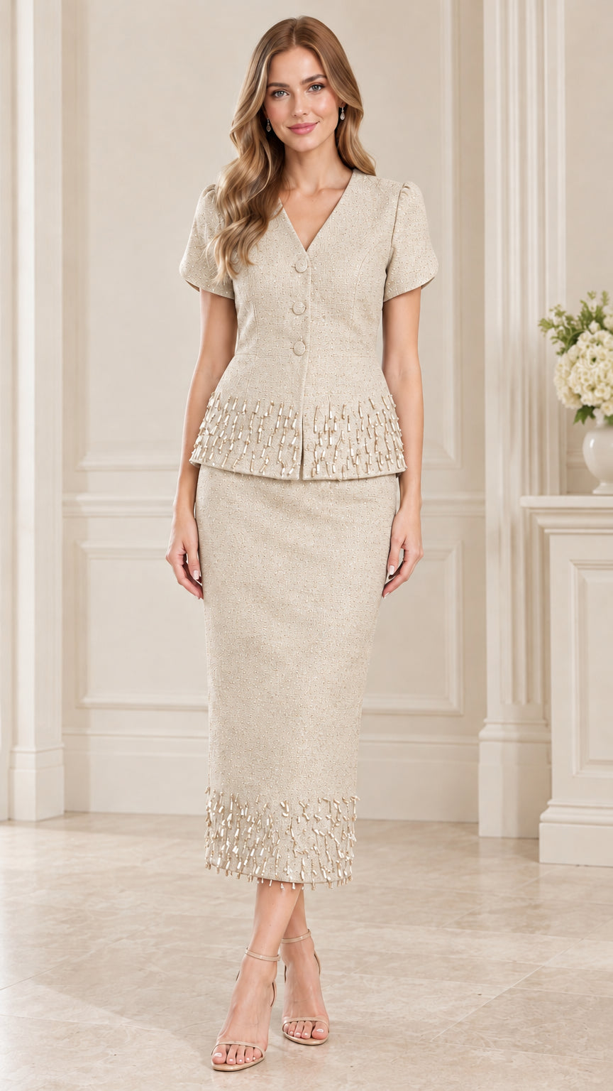 Front full-length view of champagne beige beaded short sleeve two-piece skirt suit set