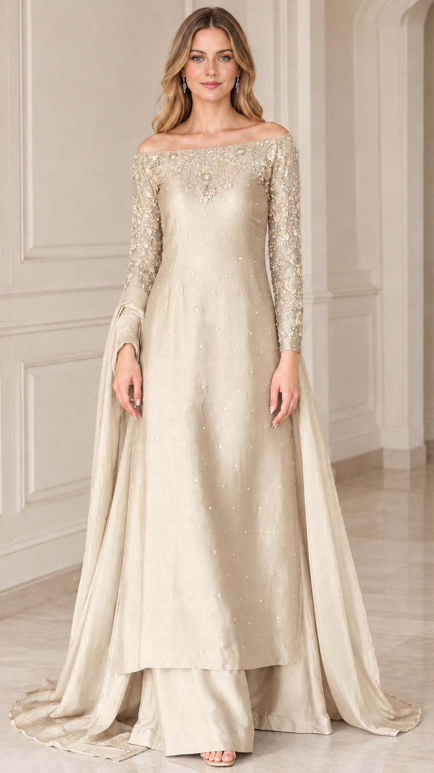 Champagne gold off-the-shoulder long sleeve formal gown set with subtle shimmer