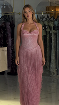 Dusty Pink floral halter shimmer fringe maxi dress front view