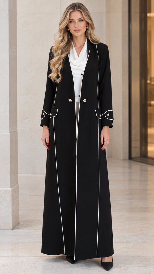 Front full-length view of woman wearing black tailored maxi duster coat with white contrast piping and gold buttons
