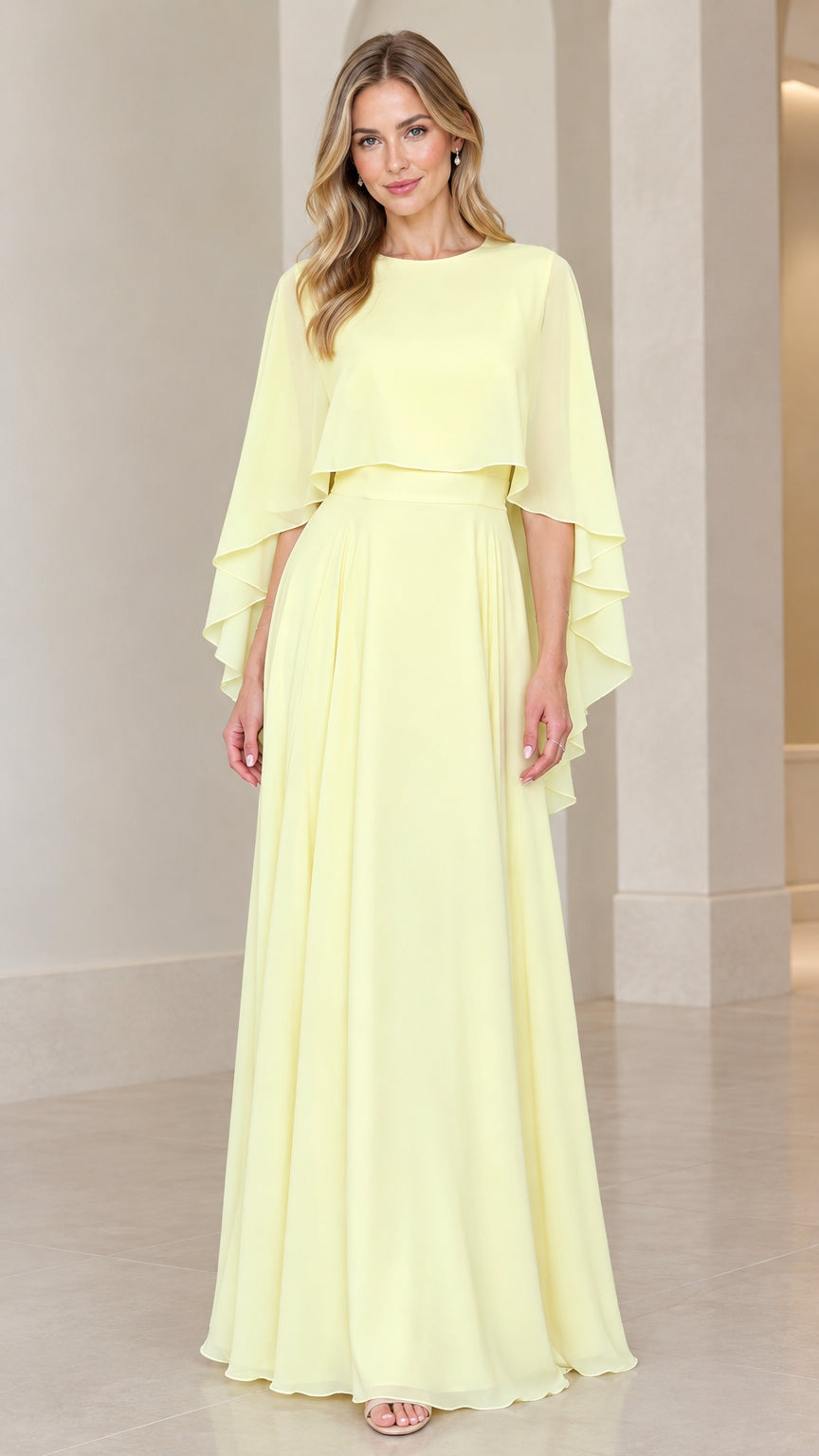 Front full-length view of model wearing pale yellow chiffon capelet evening maxi dress