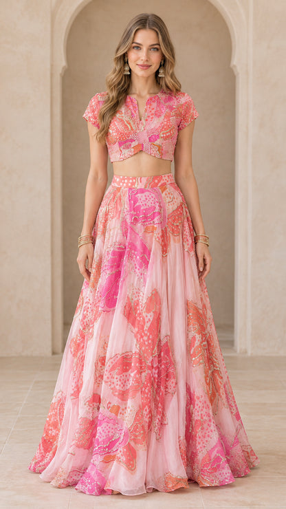 Blush pink floral print crop top and full flared maxi skirt set front view