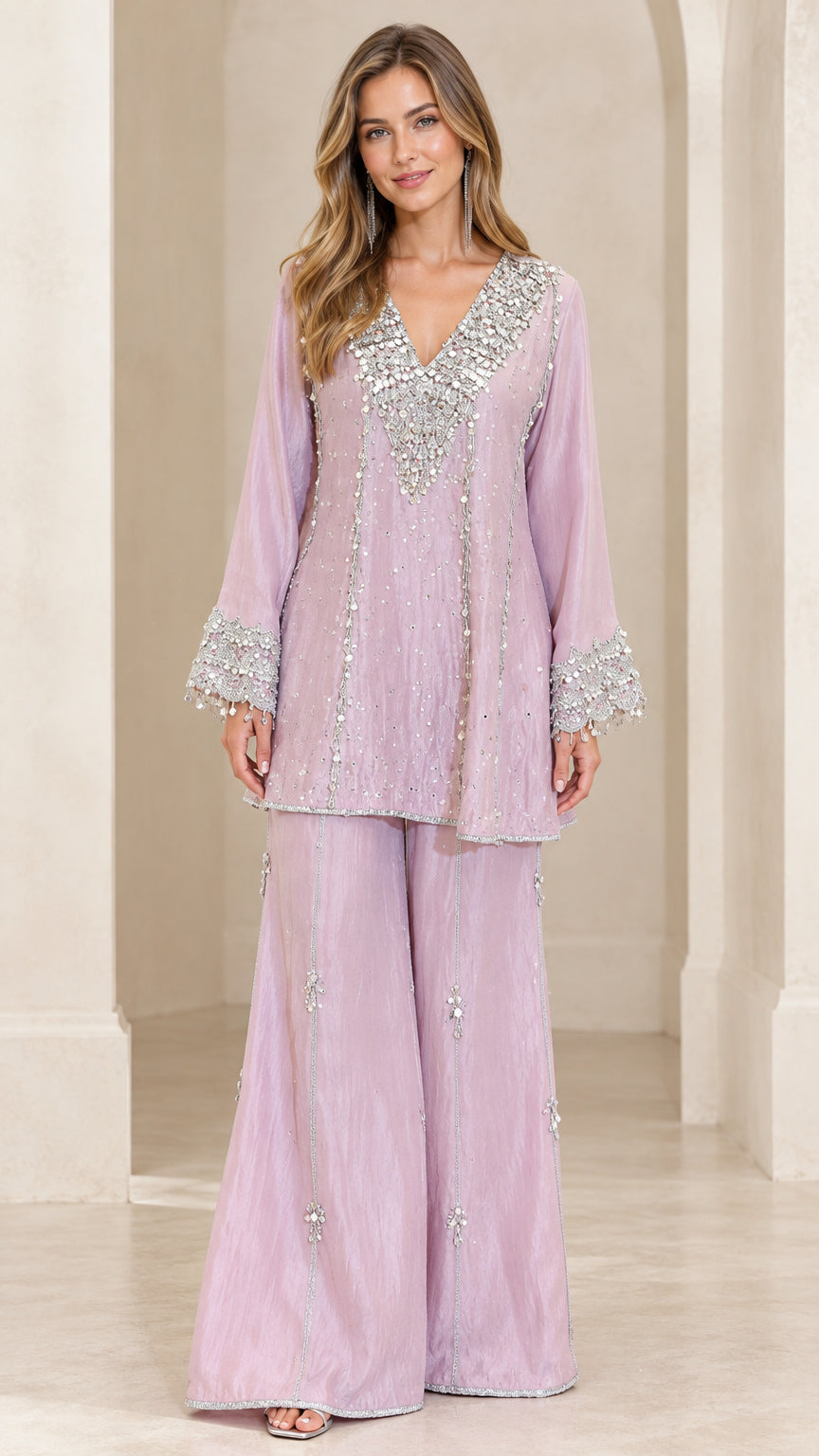 Front full view of women's lilac sequin-embellished tunic top and wide-leg palazzo pant set