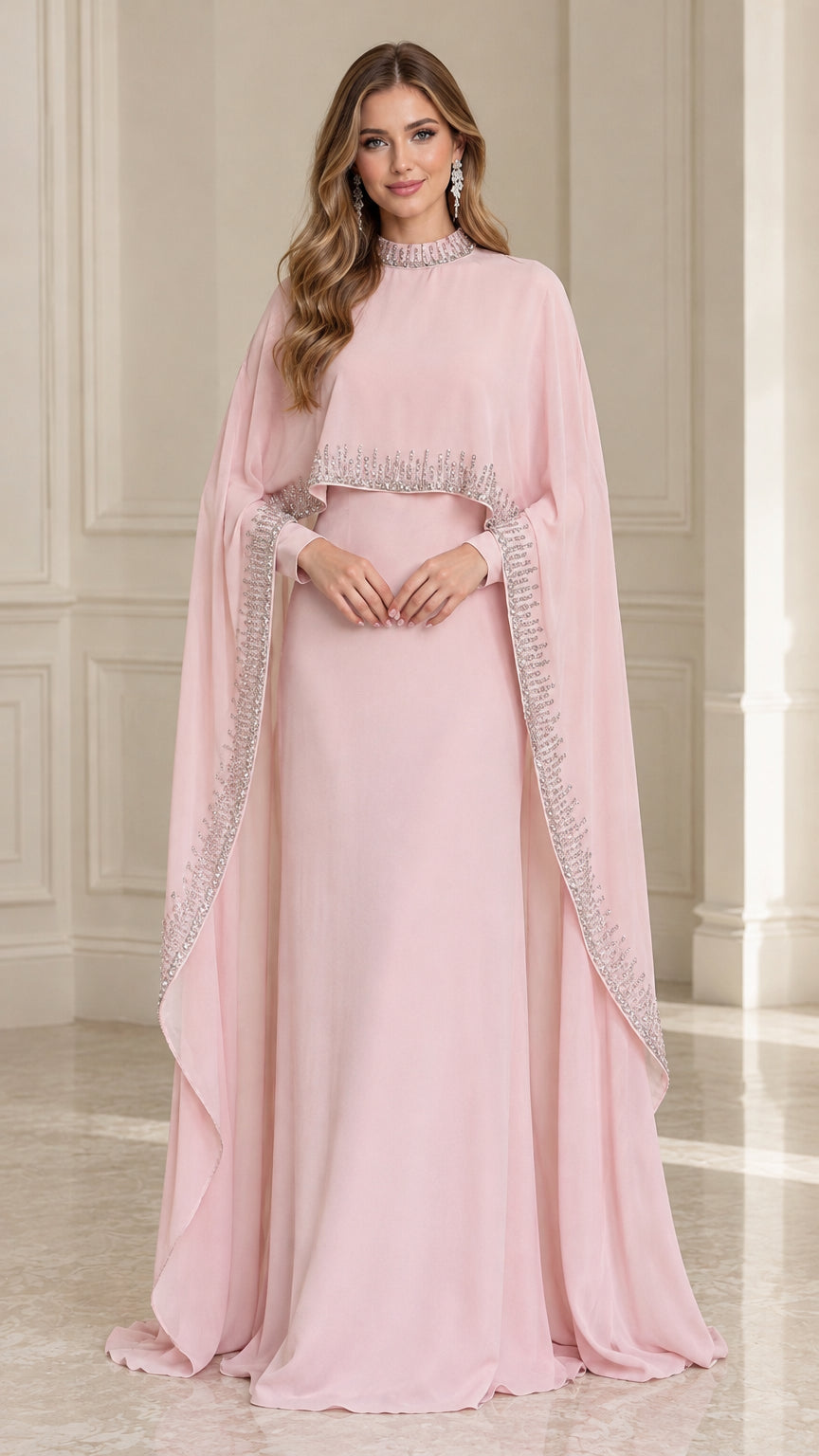 Front view of model wearing Blush Pink high neck cape evening maxi gown with beaded collar