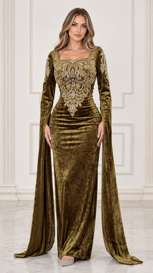 Front full view of woman wearing olive green embroidered velvet evening gown with flowing cape sleeves