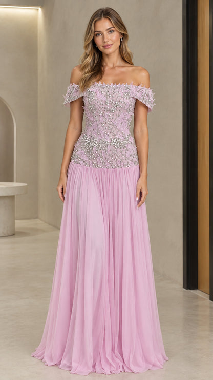 Front view of model wearing lilac off-the-shoulder beaded pleated evening gown