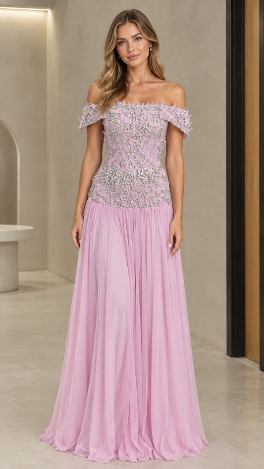Front view of model wearing lilac off-the-shoulder beaded pleated evening gown