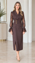 Front full view of woman wearing chocolate brown lapel midi dress with lace sleeves