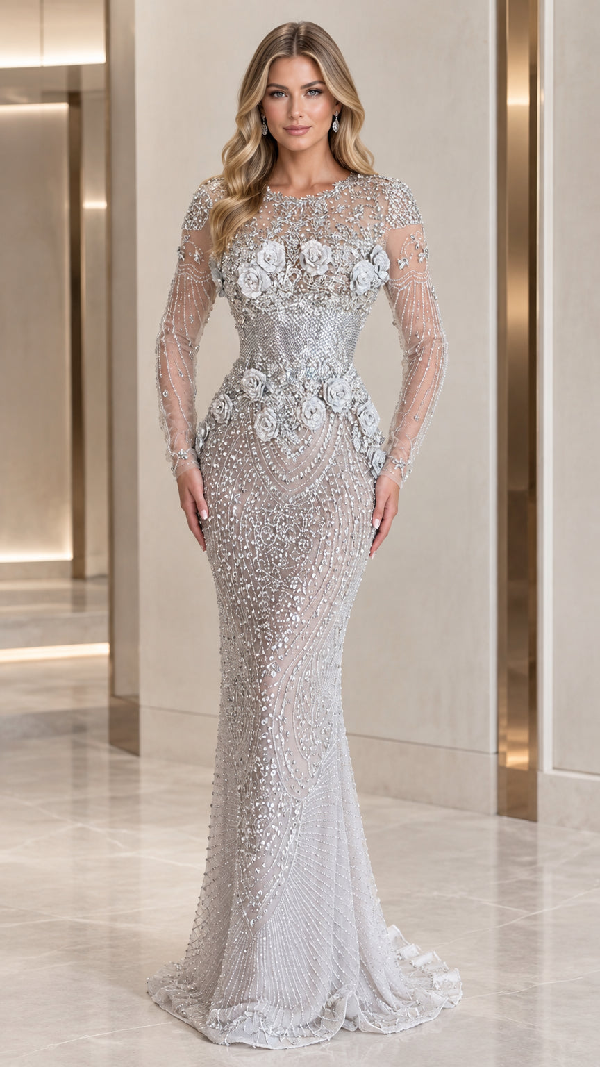 Silver beaded long sleeve mermaid evening gown with 3D floral appliqués front view