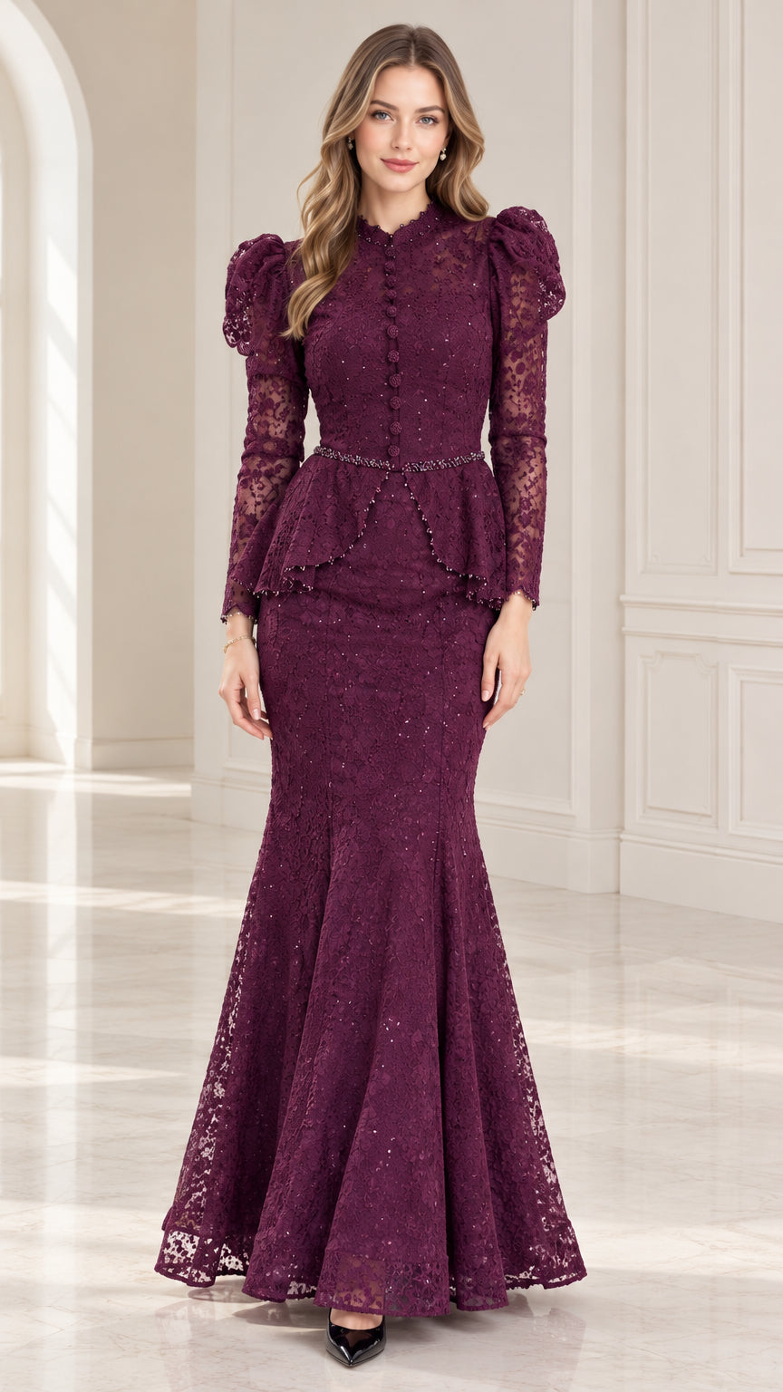 Model wearing plum purple high neck lace mermaid evening gown front view