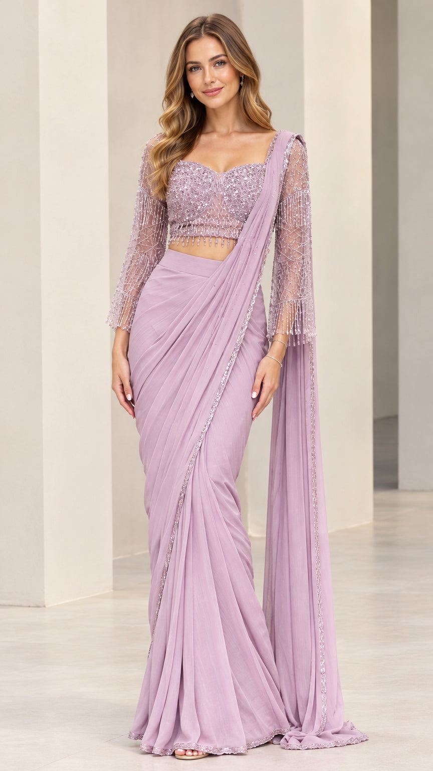 Model wearing a lavender pre-draped saree set with beaded long-sleeve blouse - front view