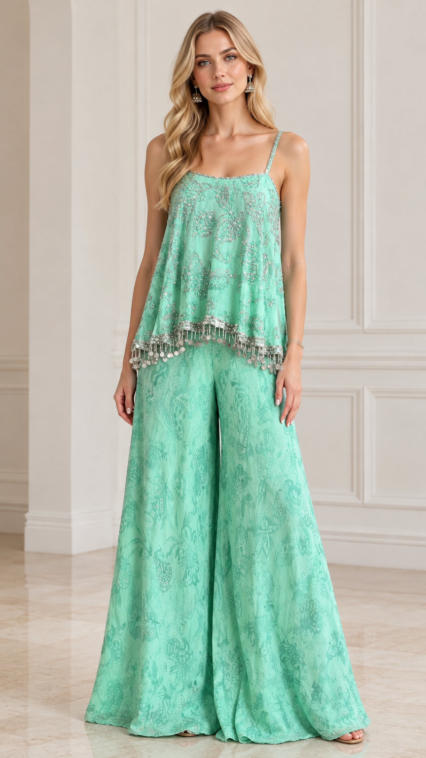 Front view of mint green sequin embroidered cami top and wide-leg pants two-piece set