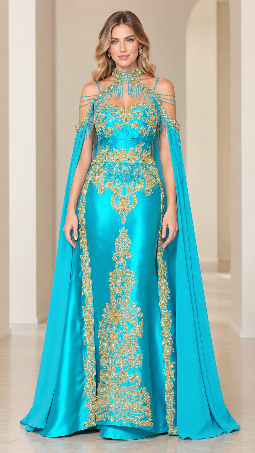 Turquoise formal evening gown with gold embroidery, beaded halter collar, and attached cape sleeves