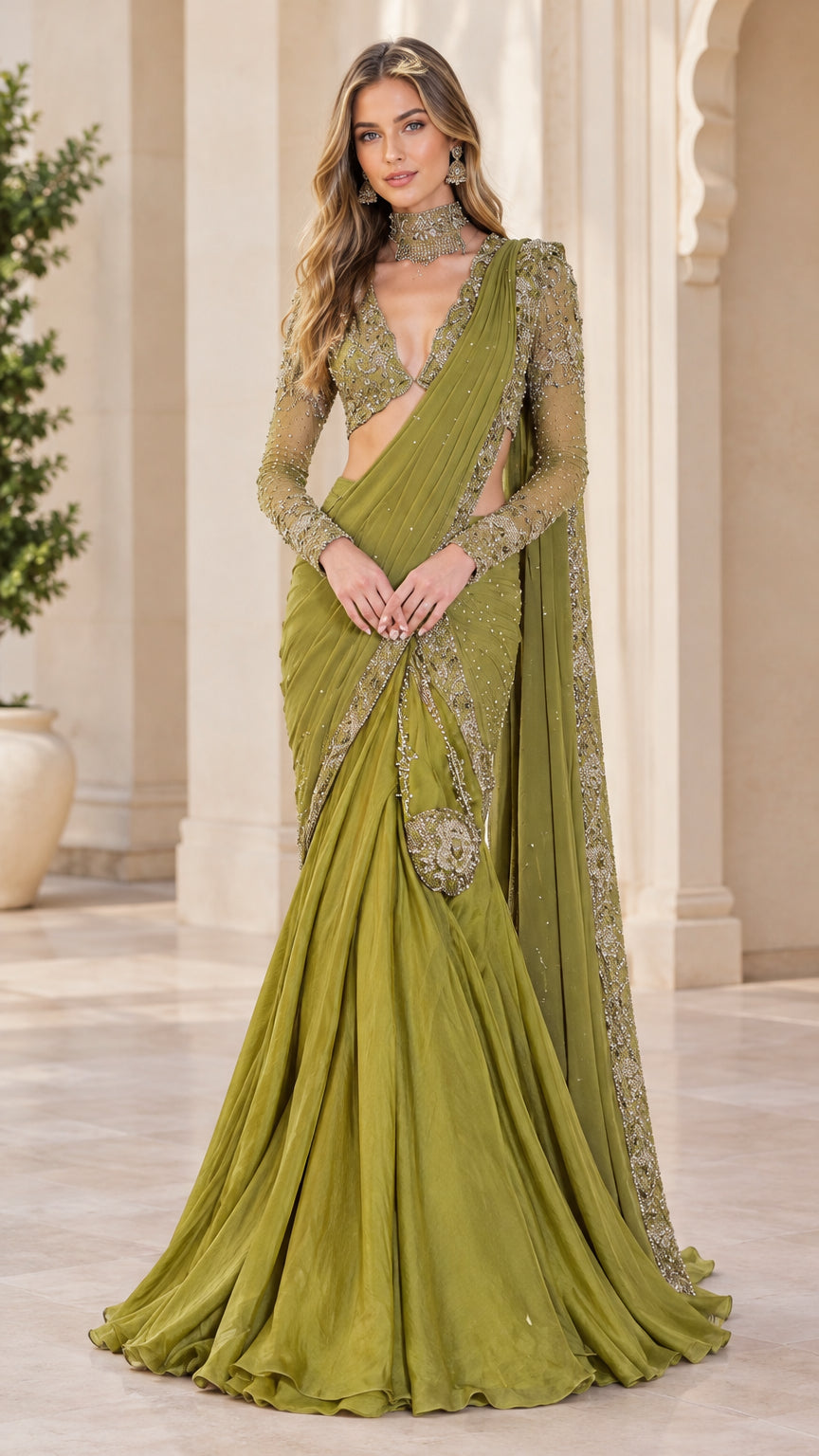 Front full-length view of woman wearing an olive green embellished pre-draped saree gown