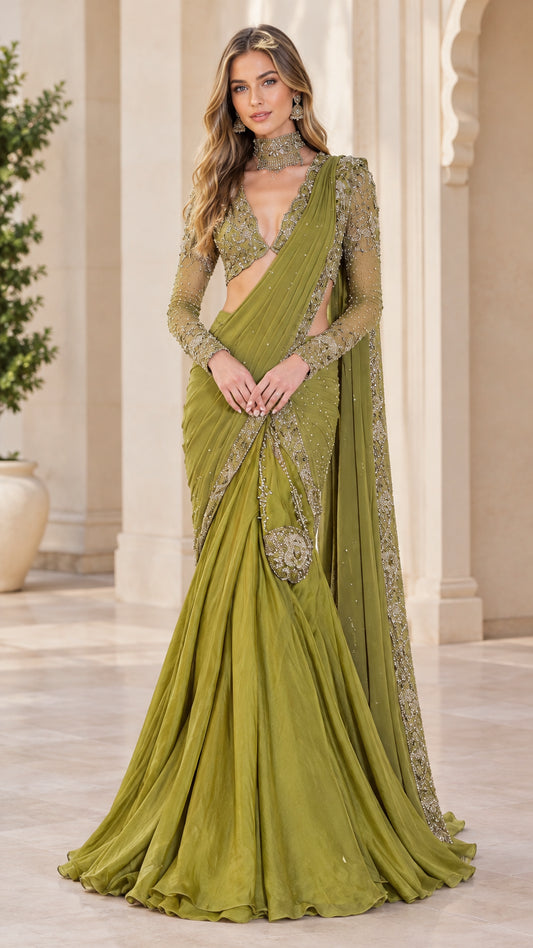 Front full-length view of woman wearing an olive green embellished pre-draped saree gown