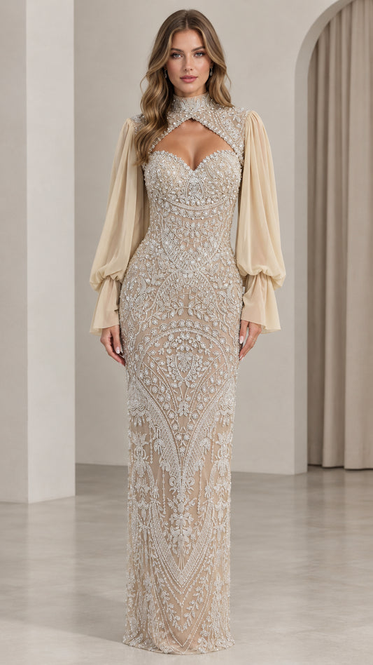 Front full-length view of model in champagne sequin beaded evening gown with balloon sleeves