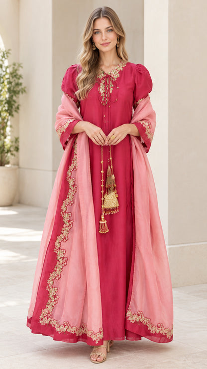 Full front view of fuchsia pink embroidered maxi dress with matching sheer scarf and gold tassels