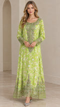 Front full-length view of woman wearing Lime Green embroidered floral long sleeve maxi dress