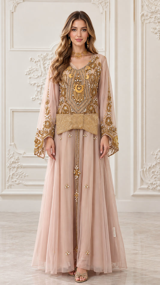 Front full-length view of blush pink embroidered gold beaded kaftan maxi dress