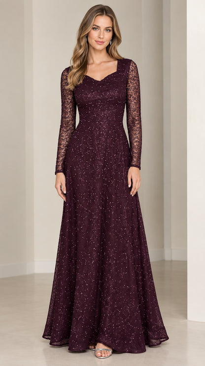 Front view of model wearing burgundy long sleeve sequin lace evening gown