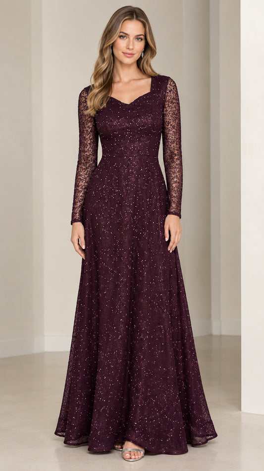 Front view of model wearing burgundy long sleeve sequin lace evening gown