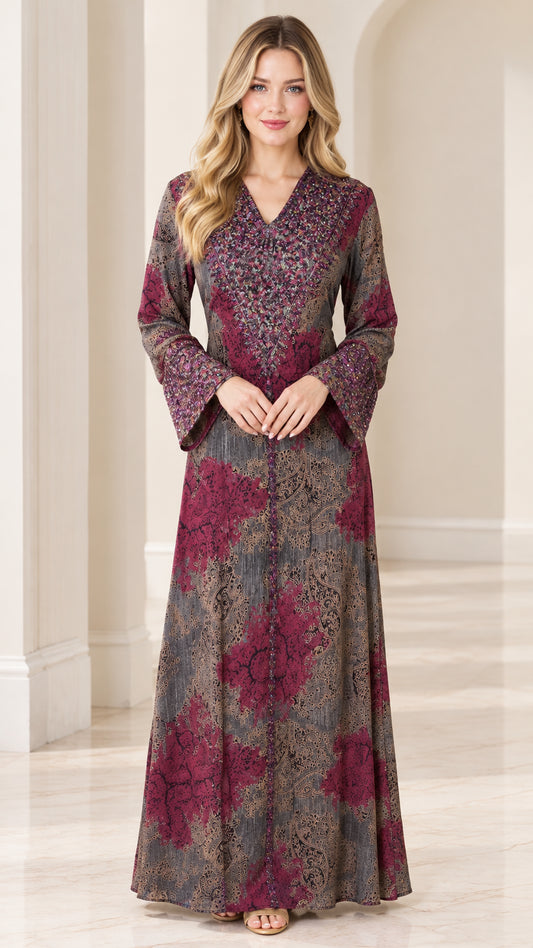 Front full-length view of woman wearing deep burgundy embellished long sleeve maxi dress