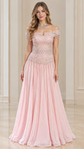 Blush Pink off-the-shoulder beaded fringe evening gown front view