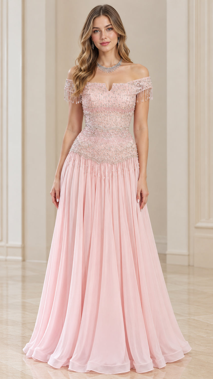 Blush Pink off-the-shoulder beaded fringe evening gown front view