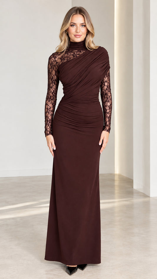 Front view of model wearing Chocolate Brown asymmetrical ruched maxi evening gown with lace sleeves