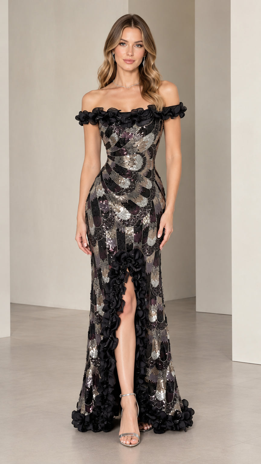 Front view of black and silver sequin off-the-shoulder evening gown with 3D rosette trim and slit