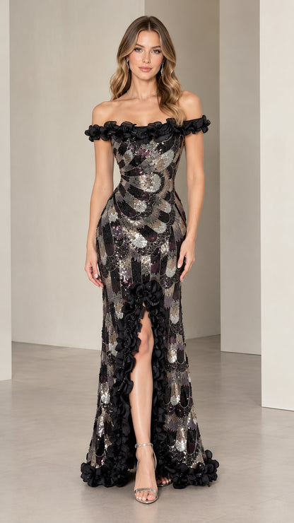 Front view of black and silver sequin off-the-shoulder evening gown with 3D rosette trim and slit
