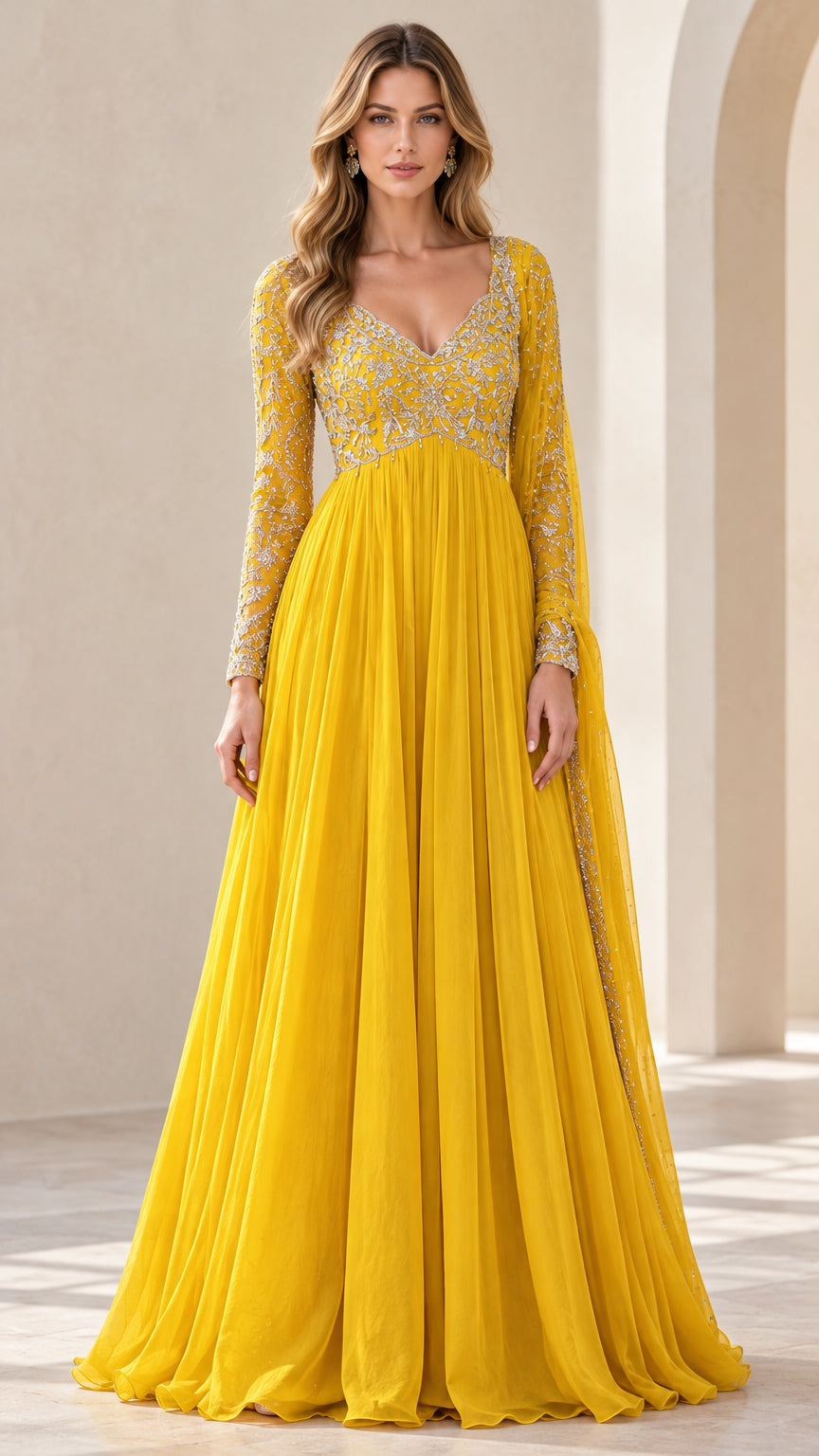 Yellow embroidered long sleeve V-neck maxi evening gown front view