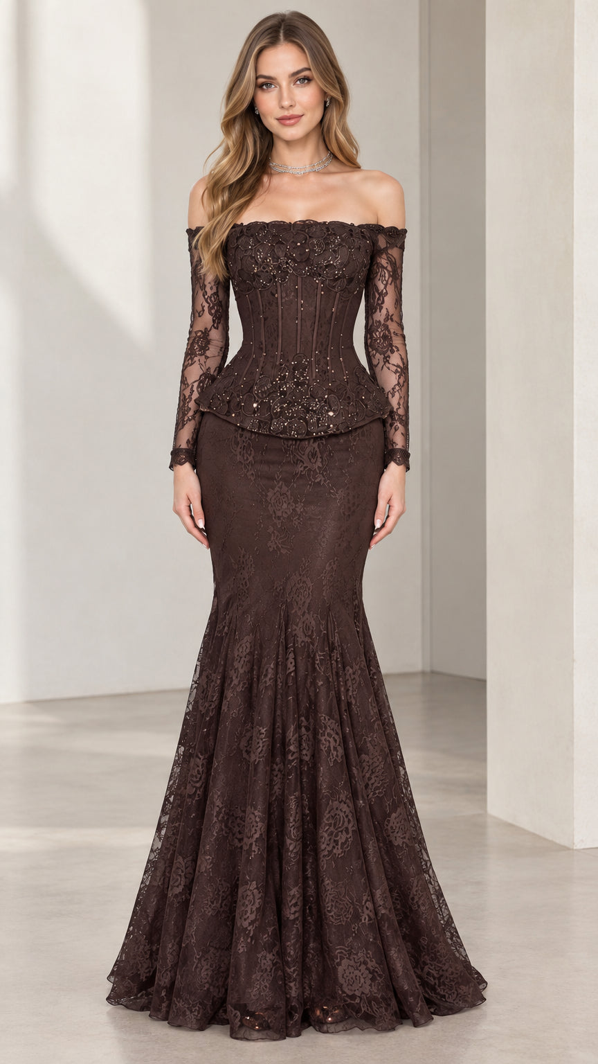 Full-length front view of woman wearing chocolate brown off-the-shoulder lace corset mermaid evening gown