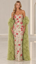 Front view of model wearing Champagne Floral strapless 3D flower applique maxi evening gown with sage green textured wrap