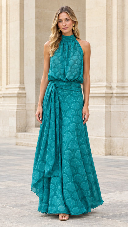Front view of model wearing teal halter neck pleated maxi dress with draped tie waist