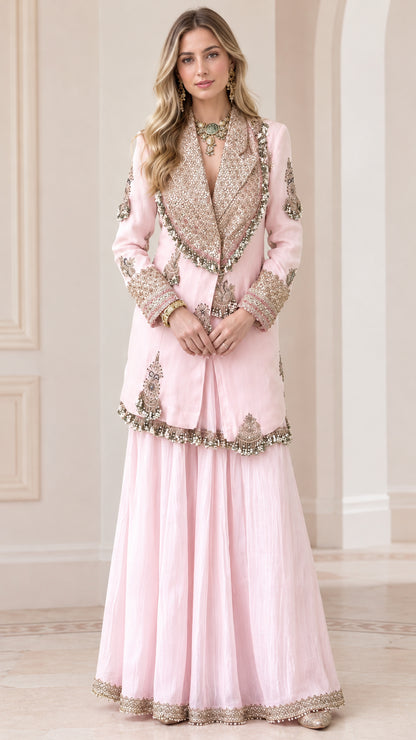 Blush Pink embroidered longline blazer and sharara set front view