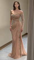 Champagne asymmetrical draped evening gown with sequin bodice front view