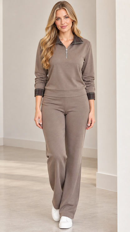 Taupe women's two-piece lounge set with half-zip top and wide-leg pants front view