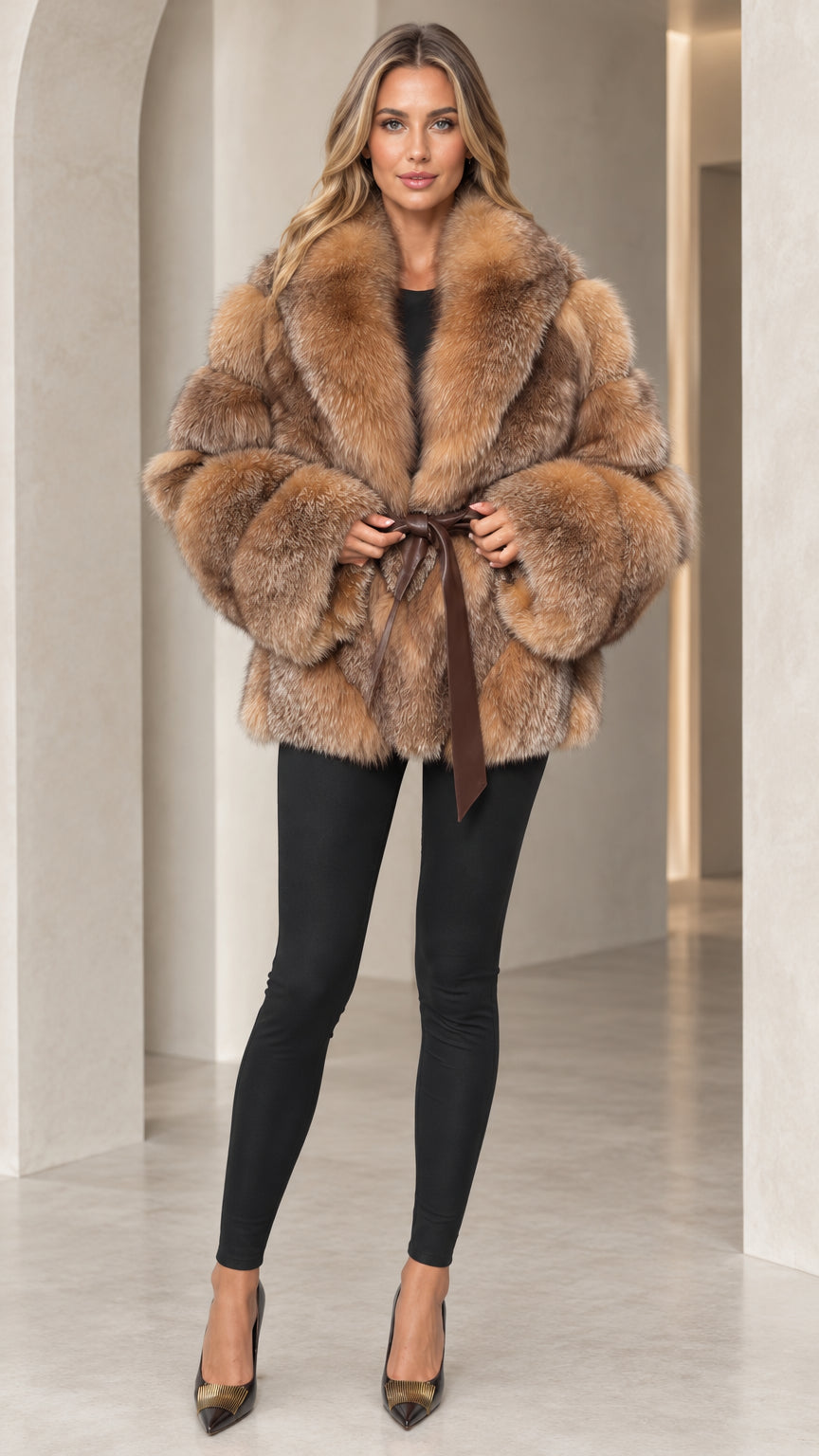 Front full view of woman wearing Camel plush faux fur belted coat with black leggings and heels