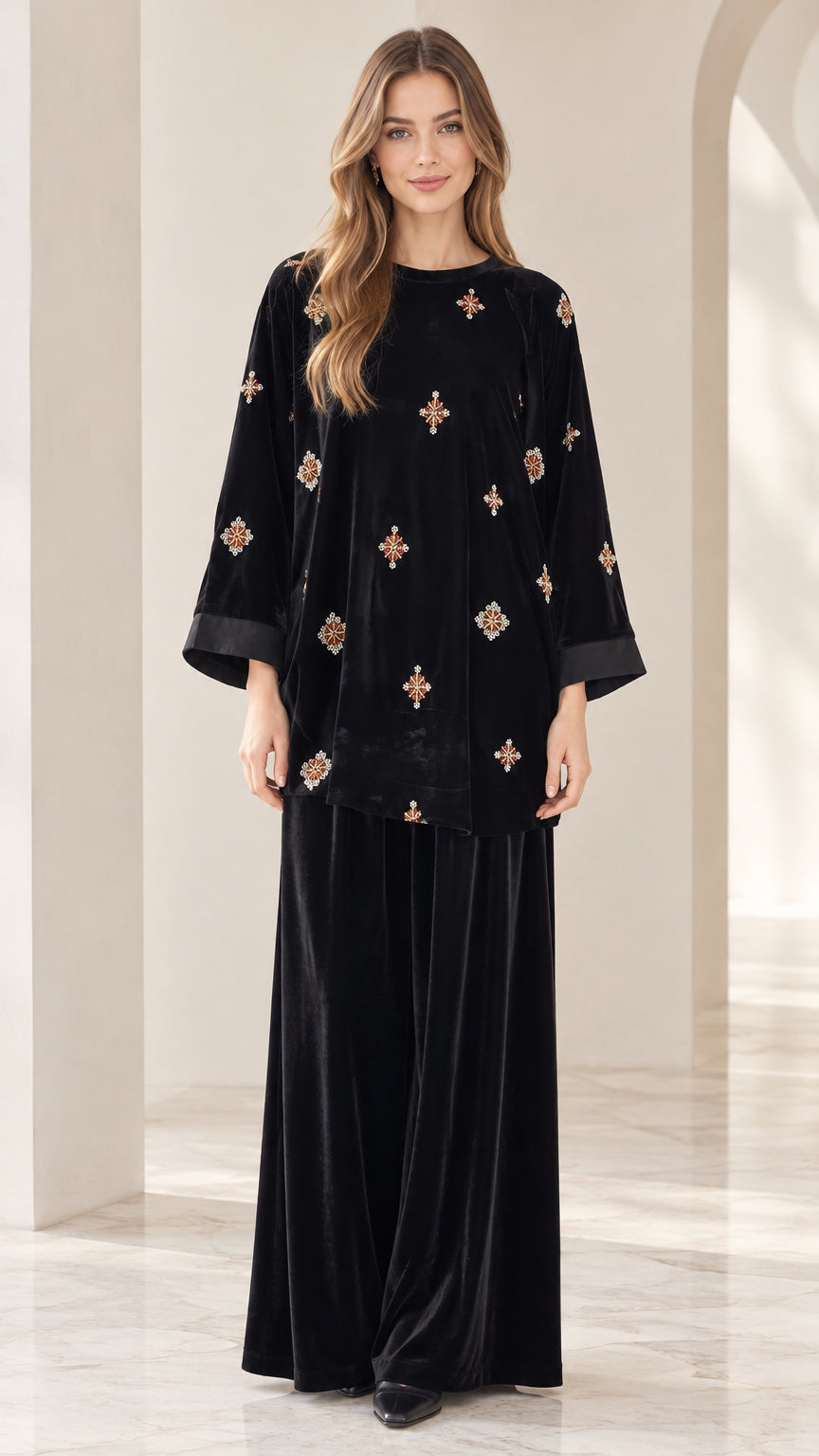 Front full-length view of model wearing black embroidered velvet tunic and wide leg pants set