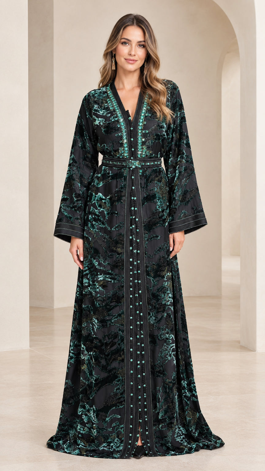 Front view of woman wearing emerald green burnout velvet embroidered kaftan dress with belt